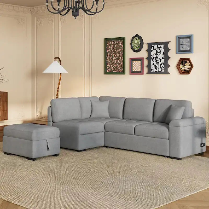84.75 L-Shape 5 Seat Sectional Sofa with Pull-Out Bed, Storage Ottoman, Hidden Arm Storage & USB Charging