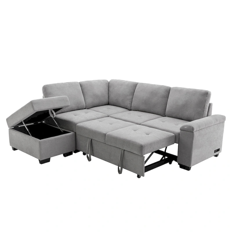 84.75 L-Shape 5 Seat Sectional Sofa with Pull-Out Bed, Storage Ottoman, Hidden Arm Storage & USB Charging
