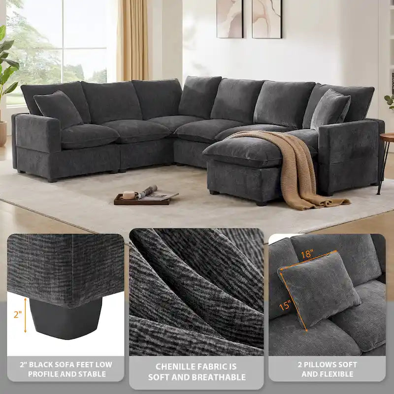 Black 110 Modular Chenille 7-Seat Corner Sectional Sofa Set with 2 Pillows and Ottoman for Living Room or Apartment