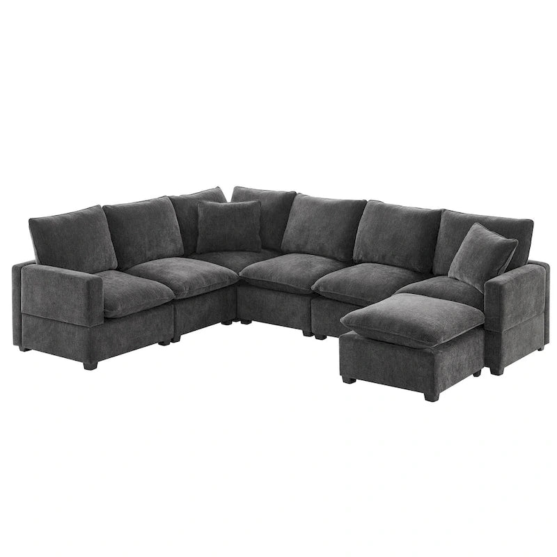 Black 110 Modular Chenille 7-Seat Corner Sectional Sofa Set with 2 Pillows and Ottoman for Living Room or Apartment
