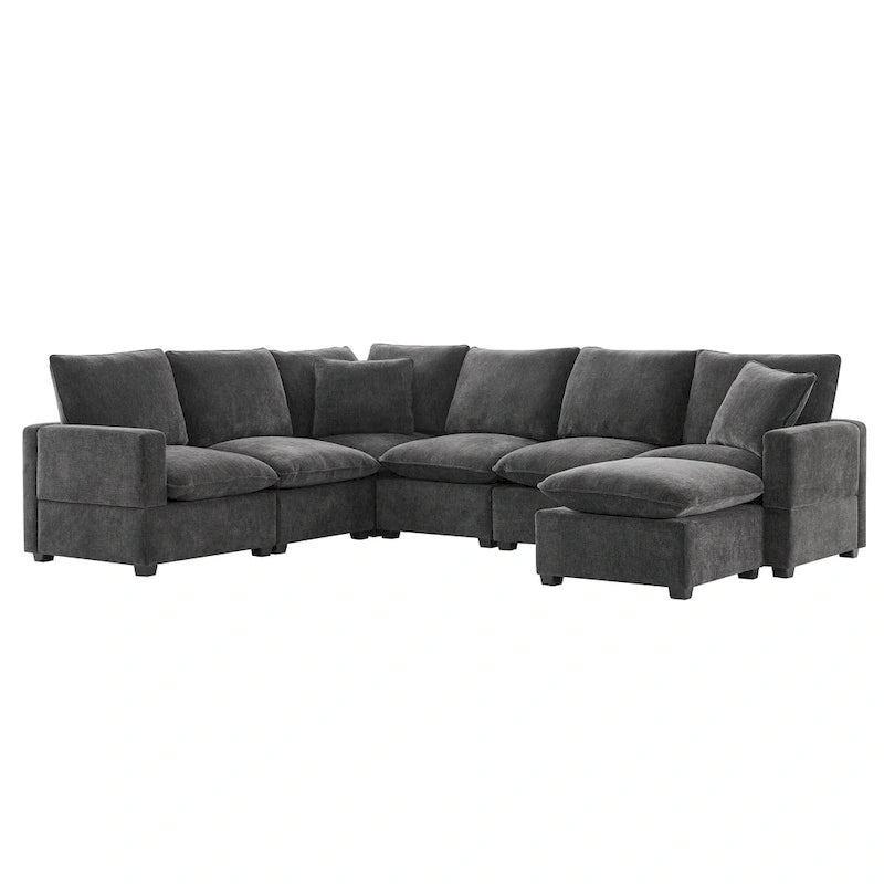 Black 110 Modular Chenille 7-Seat Corner Sectional Sofa Set with 2 Pillows and Ottoman for Living Room or Apartment