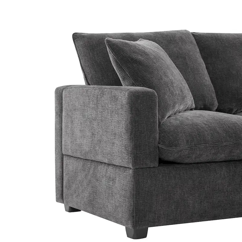 Black 110 Modular Chenille 7-Seat Corner Sectional Sofa Set with 2 Pillows and Ottoman for Living Room or Apartment
