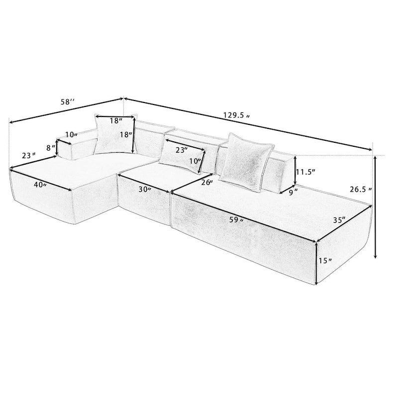 129.5 Minimalist Modular L-Shaped 4-Seat Sofa Set with Chaise