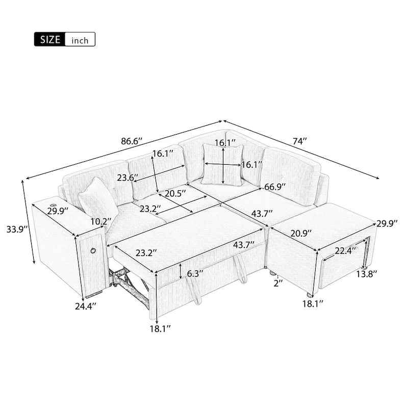 86.6 L-Shaped 4 Seater Sectional Sofa with Pull-Out Bed, Movable Ottoman, USB Ports, and Cup Holder Drop-Down Table