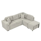 86.6 L-Shaped 4 Seater Sectional Sofa with Pull-Out Bed, Movable Ottoman, USB Ports, and Cup Holder Drop-Down Table