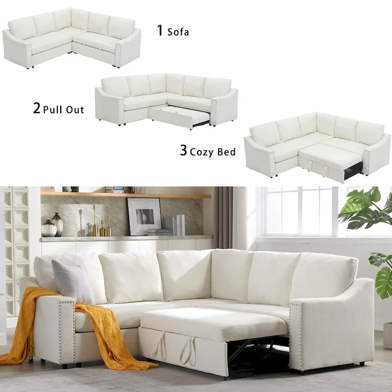 81.5 L-Shaped 5-Seat Sectional Sofa with Pull-Out Bed and 6 Cushions, Multifunctional Corner Couch for Living Area