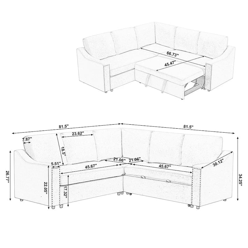 81.5 L-Shaped 5-Seat Sectional Sofa with Pull-Out Bed and 6 Cushions, Multifunctional Corner Couch for Living Area
