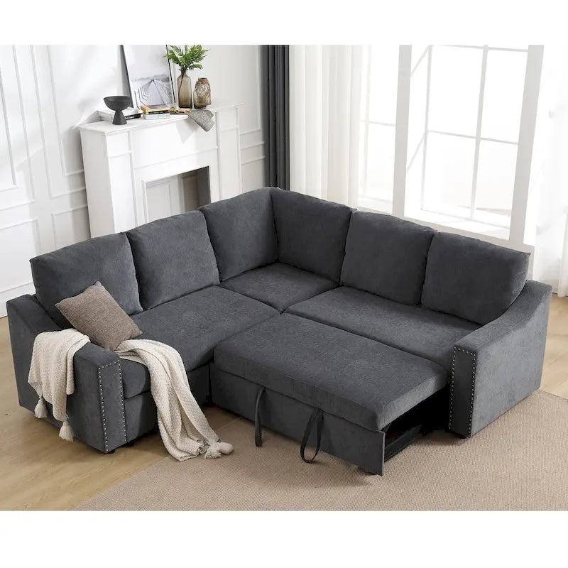 81.5 L-Shaped 5-Seat Sectional Sofa with Pull-Out Bed and 6 Cushions, Multifunctional Corner Couch for Living Area
