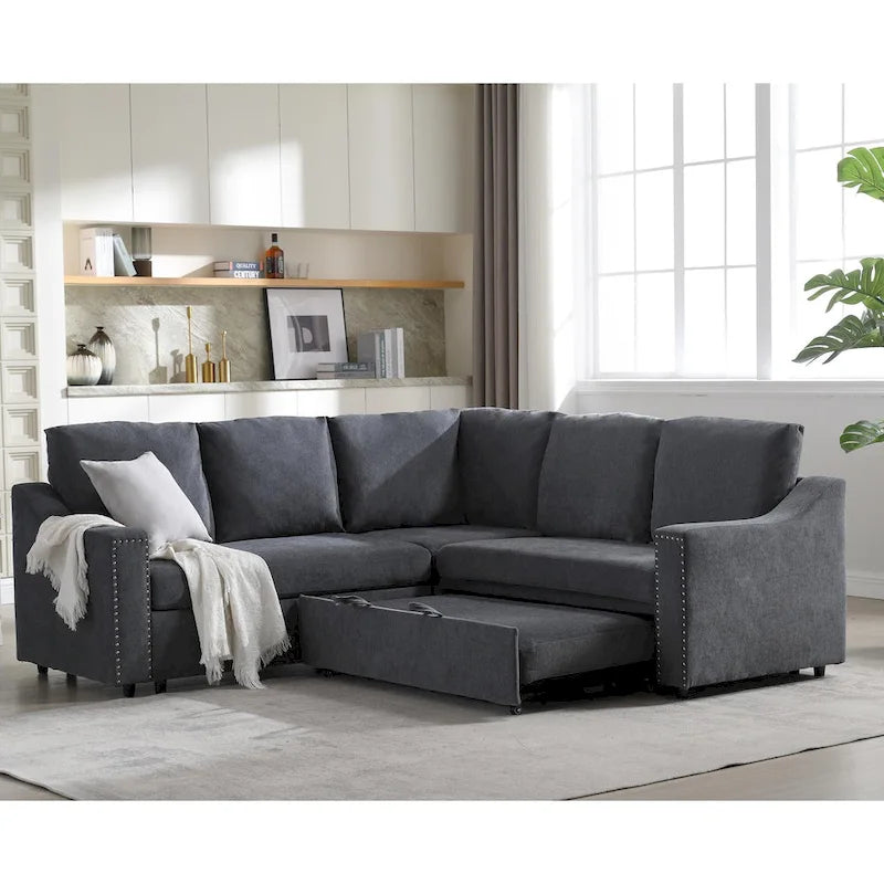 81.5 L-Shaped 5-Seat Sectional Sofa with Pull-Out Bed and 6 Cushions, Multifunctional Corner Couch for Living Area