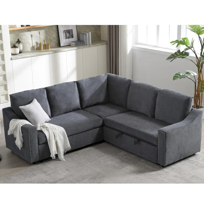 81.5 L-Shaped 5-Seat Sectional Sofa with Pull-Out Bed and 6 Cushions, Multifunctional Corner Couch for Living Area