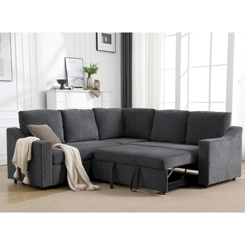 81.5 L-Shaped 5-Seat Sectional Sofa with Pull-Out Bed and 6 Cushions, Multifunctional Corner Couch for Living Area