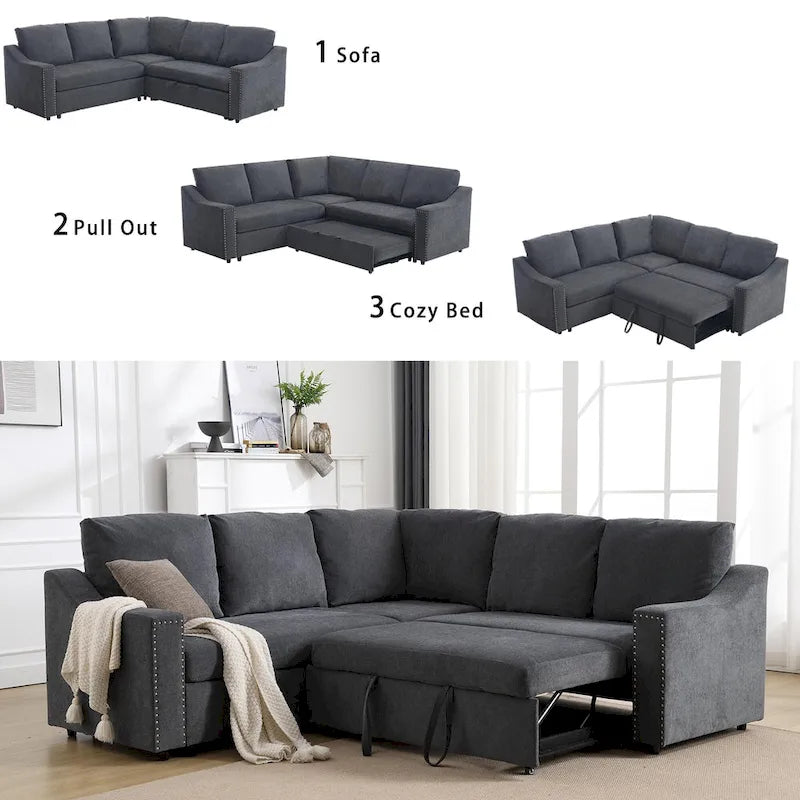 81.5 L-Shaped 5-Seat Sectional Sofa with Pull-Out Bed and 6 Cushions, Multifunctional Corner Couch for Living Area