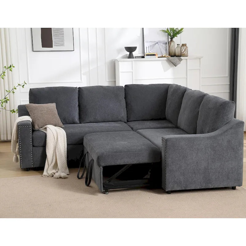 81.5 L-Shaped 5-Seat Sectional Sofa with Pull-Out Bed and 6 Cushions, Multifunctional Corner Couch for Living Area