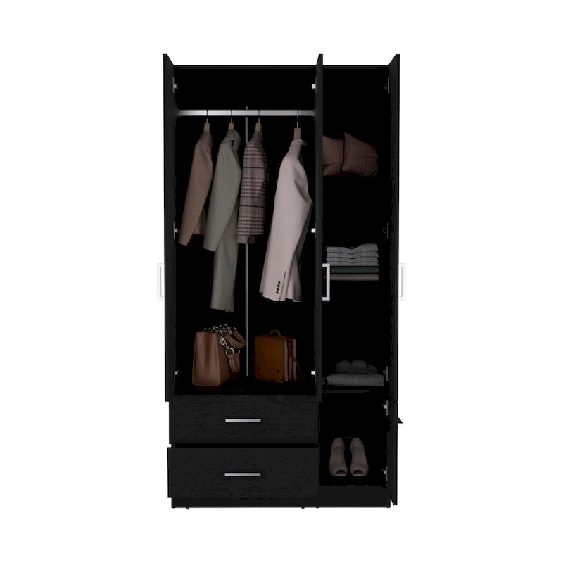 35.4 Modern Four-door Armoire with 2 Drawers, Six Shelves and Hanging Rod