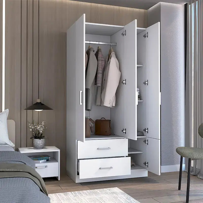 35.4 Modern Four-door Armoire with 2 Drawers, Six Shelves and Hanging Rod
