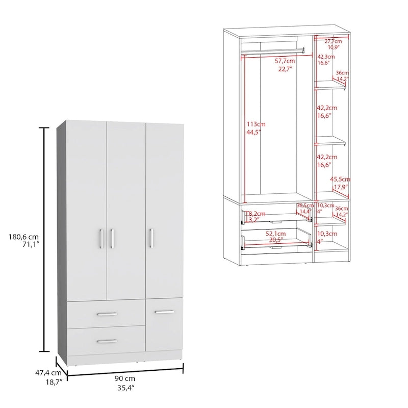 35.4 Modern Four-door Armoire with 2 Drawers, Six Shelves and Hanging Rod