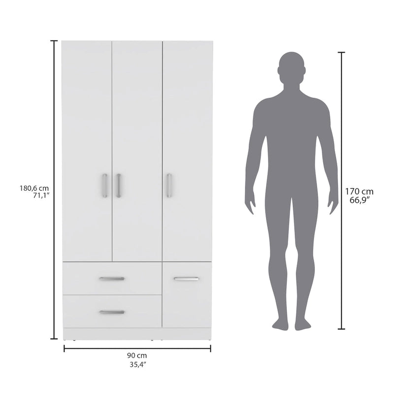 35.4 Modern Four-door Armoire with 2 Drawers, Six Shelves and Hanging Rod