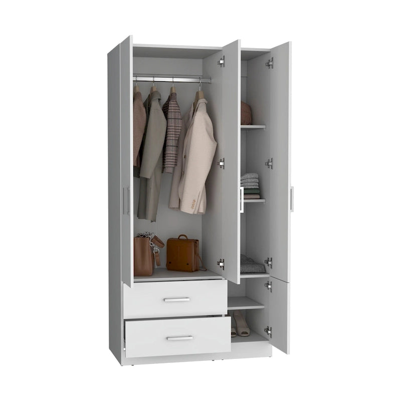 35.4 Modern Four-door Armoire with 2 Drawers, Six Shelves and Hanging Rod