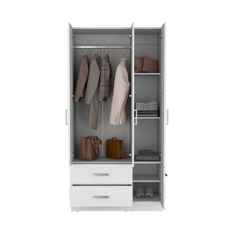 35.4 Modern Four-door Armoire with 2 Drawers, Six Shelves and Hanging Rod