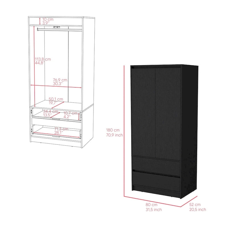 20.47 Modern Double-door Armoire with Hanging Rod and Two Drawers for Bedroom