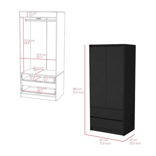 20.47 Modern Double-door Armoire with Hanging Rod and Two Drawers for Bedroom