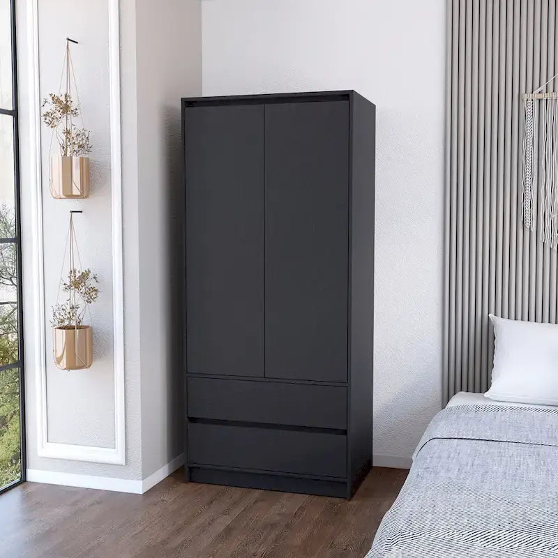 20.47 Modern Double-door Armoire with Hanging Rod and Two Drawers for Bedroom