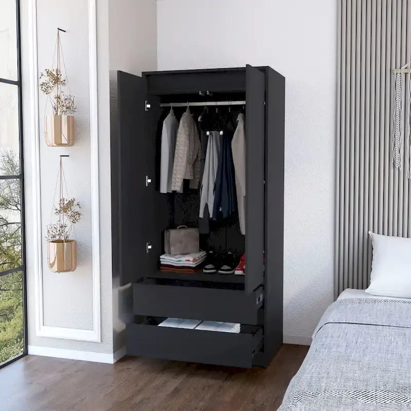 20.47 Modern Double-door Armoire with Hanging Rod and Two Drawers for Bedroom