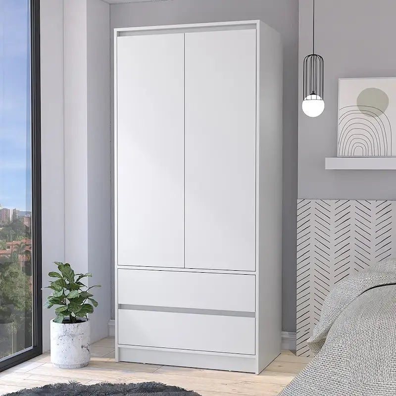 20.47 Modern Double-door Armoire with Hanging Rod and Two Drawers for Bedroom