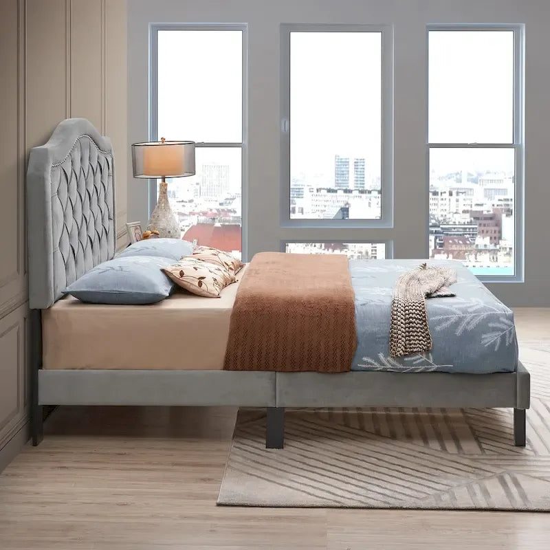 Queen Size Button Tufted Bed with Strong Wood Slat Support