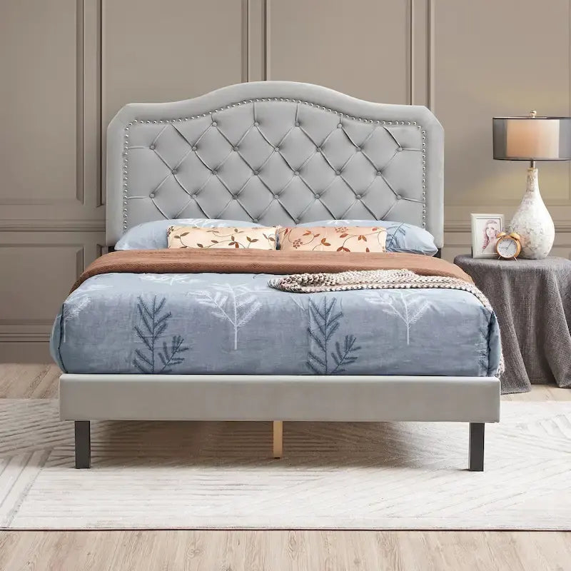 Queen Size Button Tufted Bed with Strong Wood Slat Support