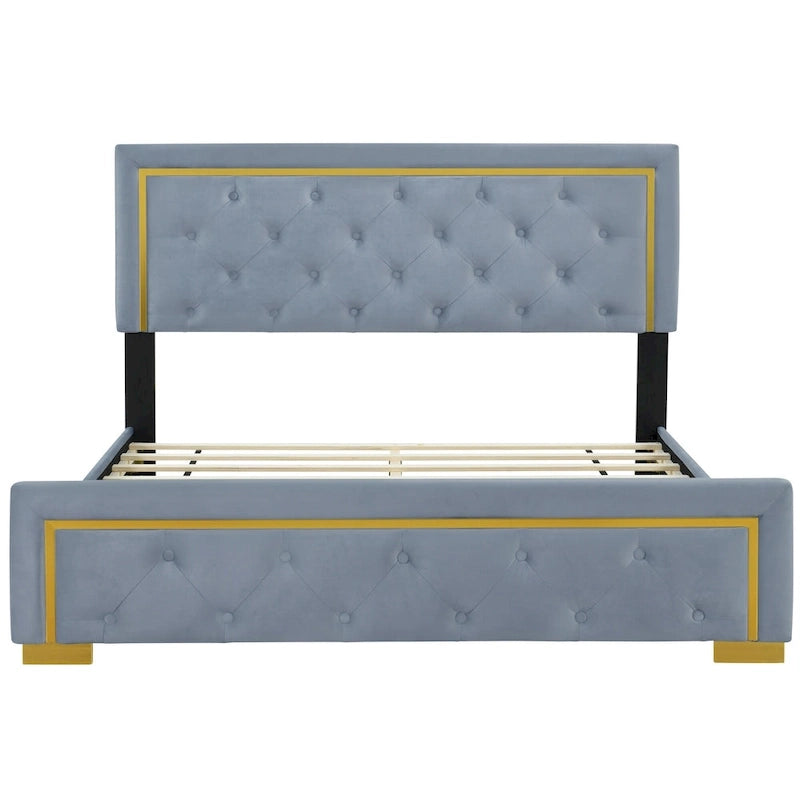 Gray Queen Size Upholstered Platform Bed with Pull Point Headboard and Metal Frame