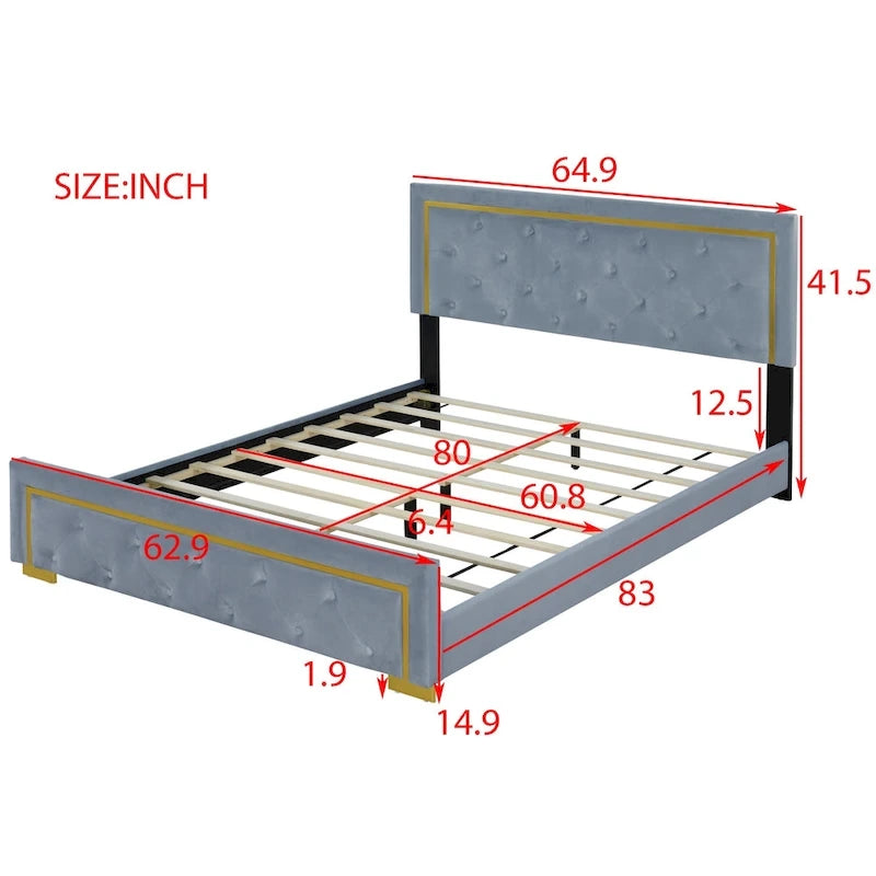Gray Queen Size Upholstered Platform Bed with Pull Point Headboard and Metal Frame