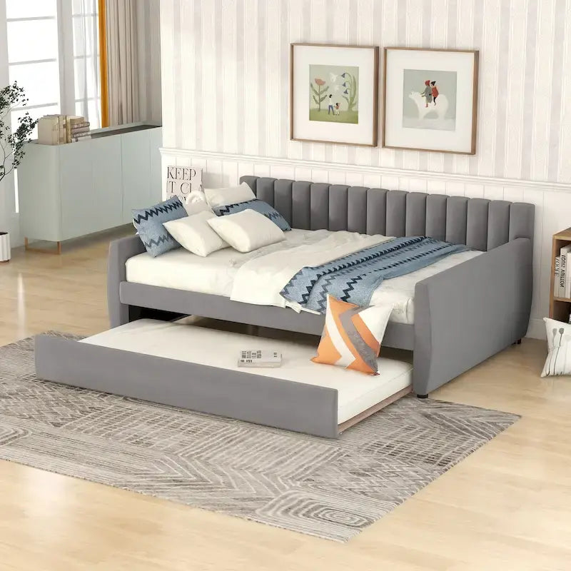 Velvet Daybed with Trundle & Wood Slats