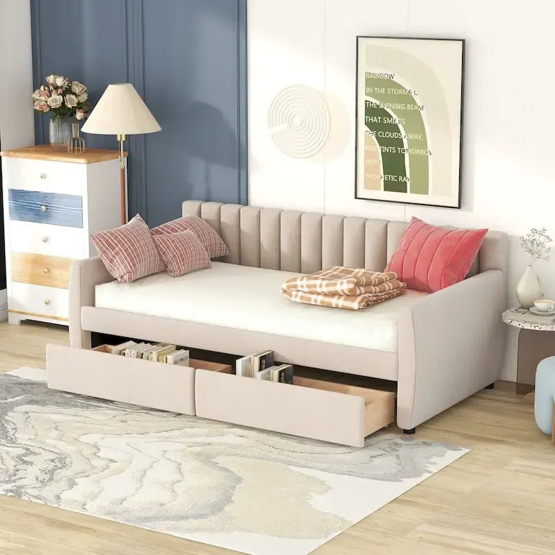Velvet Daybed with Trundle & Wood Slats