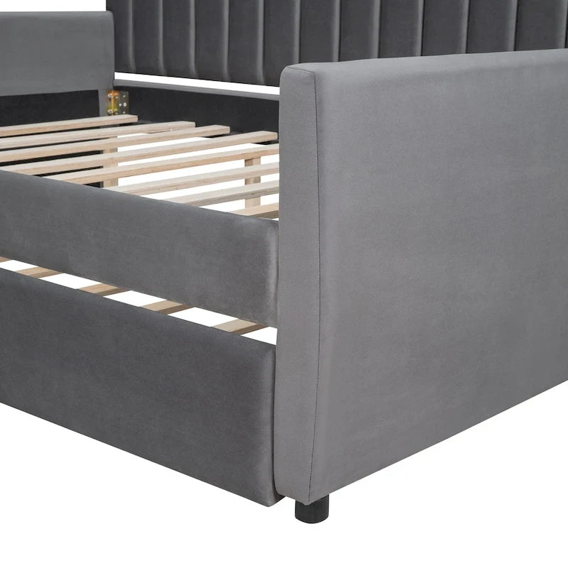 Velvet Daybed with Trundle & Wood Slats
