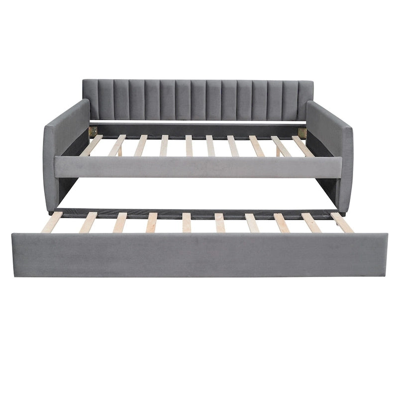 Velvet Daybed with Trundle & Wood Slats
