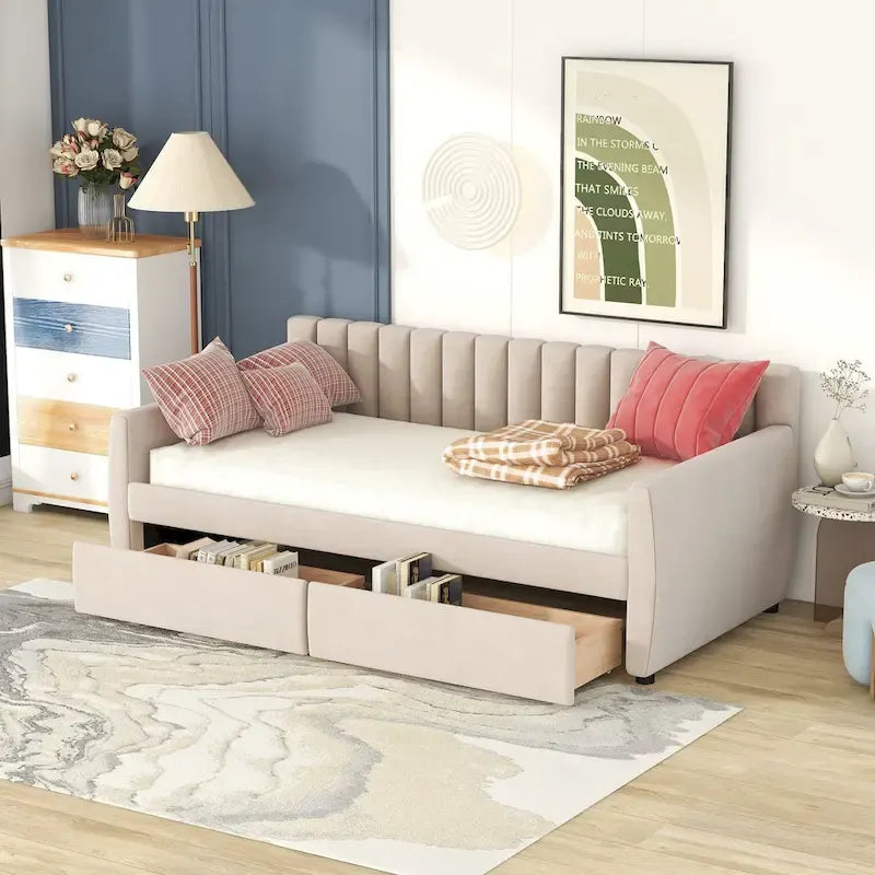 Velvet Daybed with Trundle & Wood Slats