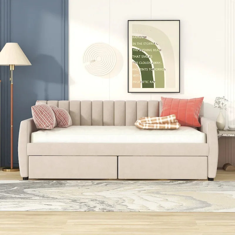 Velvet Daybed with Trundle & Wood Slats