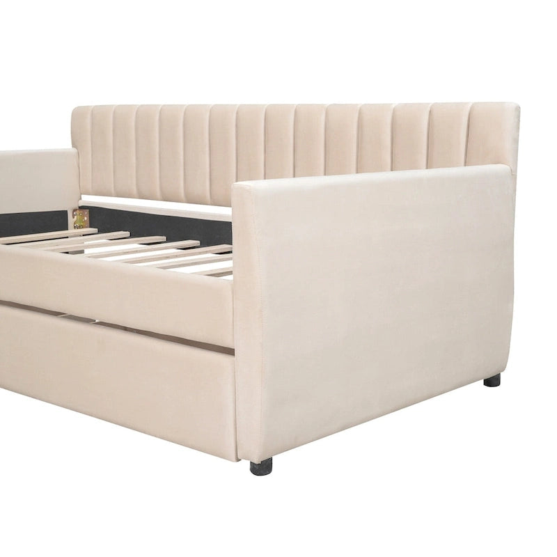 Velvet Daybed with Trundle & Wood Slats
