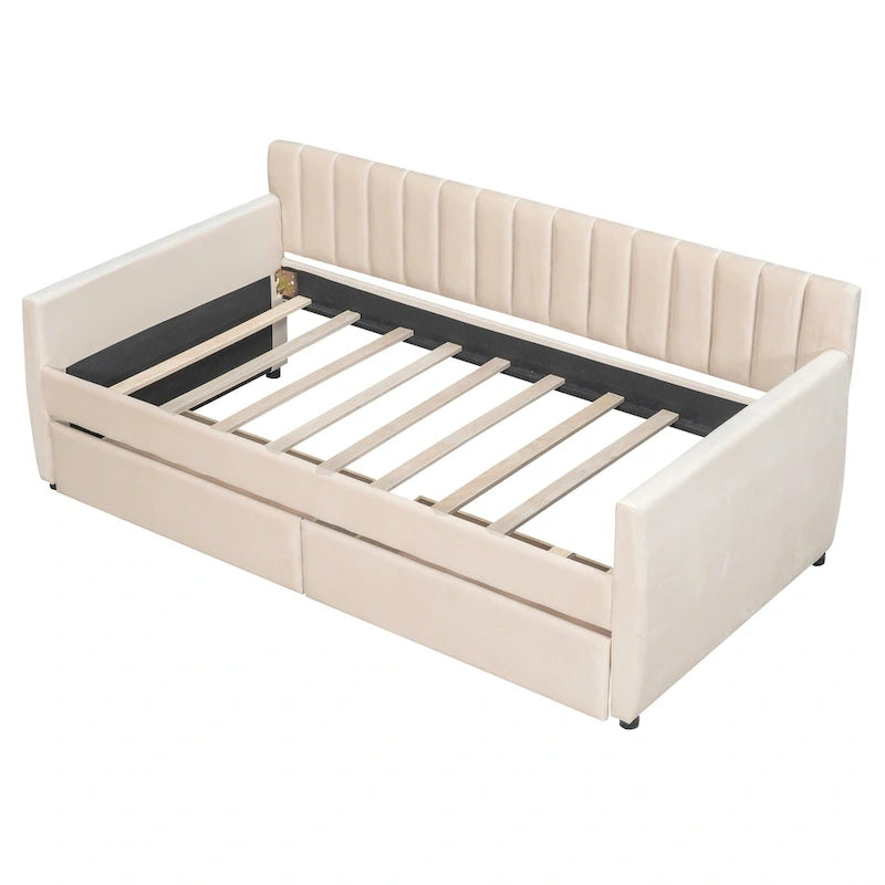 Velvet Daybed with Trundle & Wood Slats