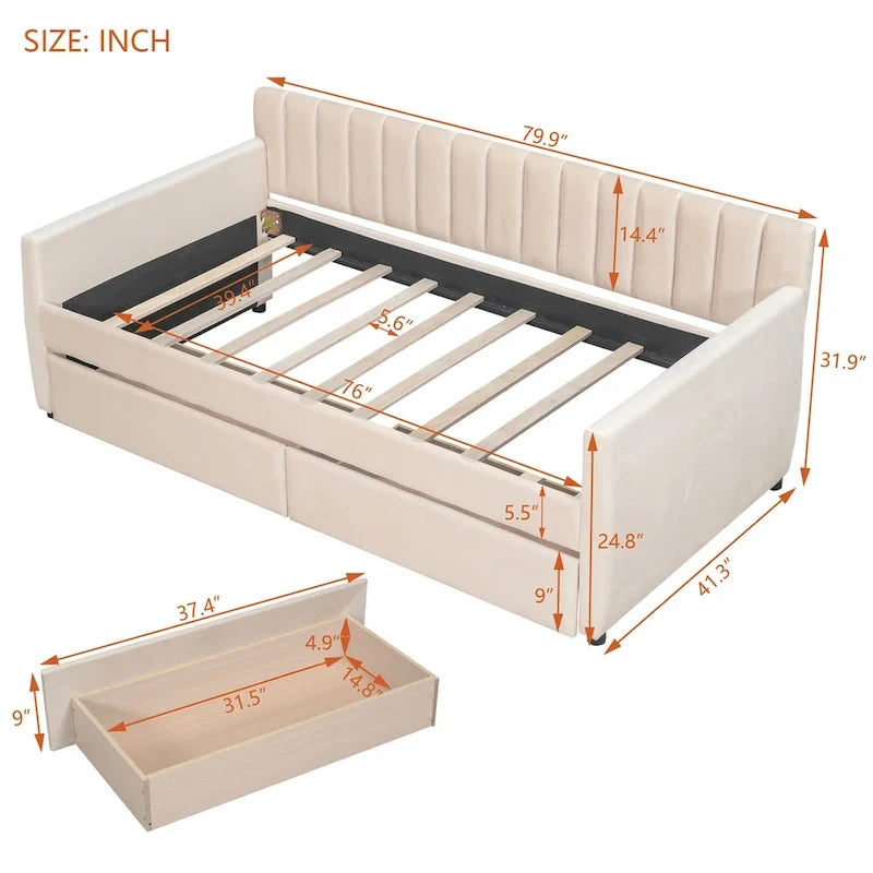 Velvet Daybed with Trundle & Wood Slats
