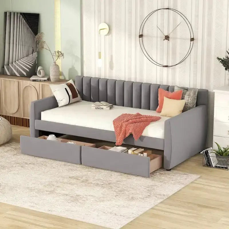 Velvet Daybed with Trundle & Wood Slats
