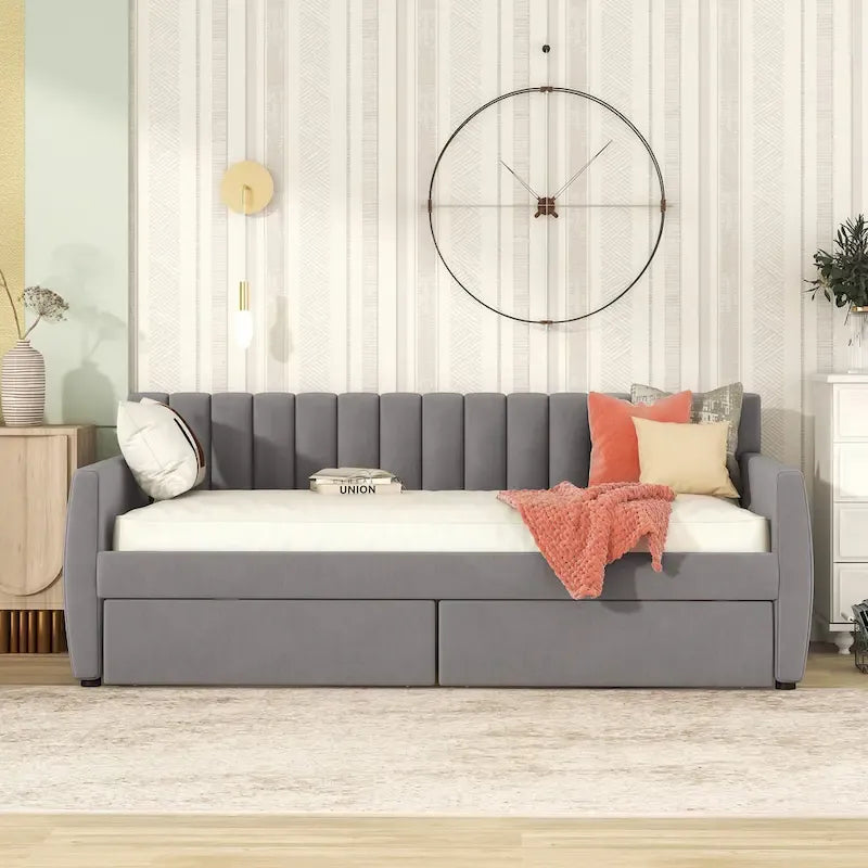 Velvet Daybed with Trundle & Wood Slats
