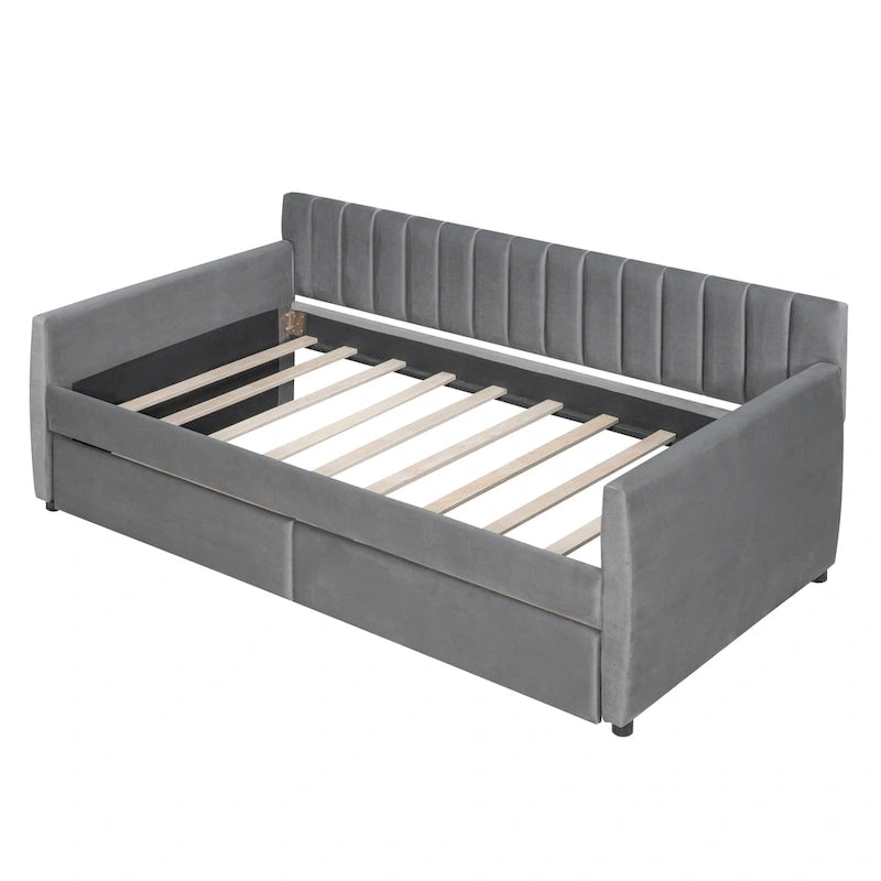 Velvet Daybed with Trundle & Wood Slats