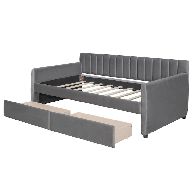 Velvet Daybed with Trundle & Wood Slats