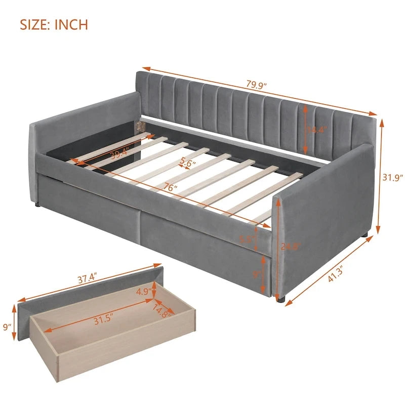 Velvet Daybed with Trundle & Wood Slats