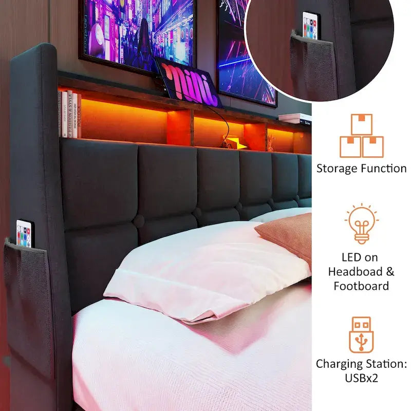 Grey Full Size Upholstered Platform Bed with Hydraulic Storage, LED, and USB Charging