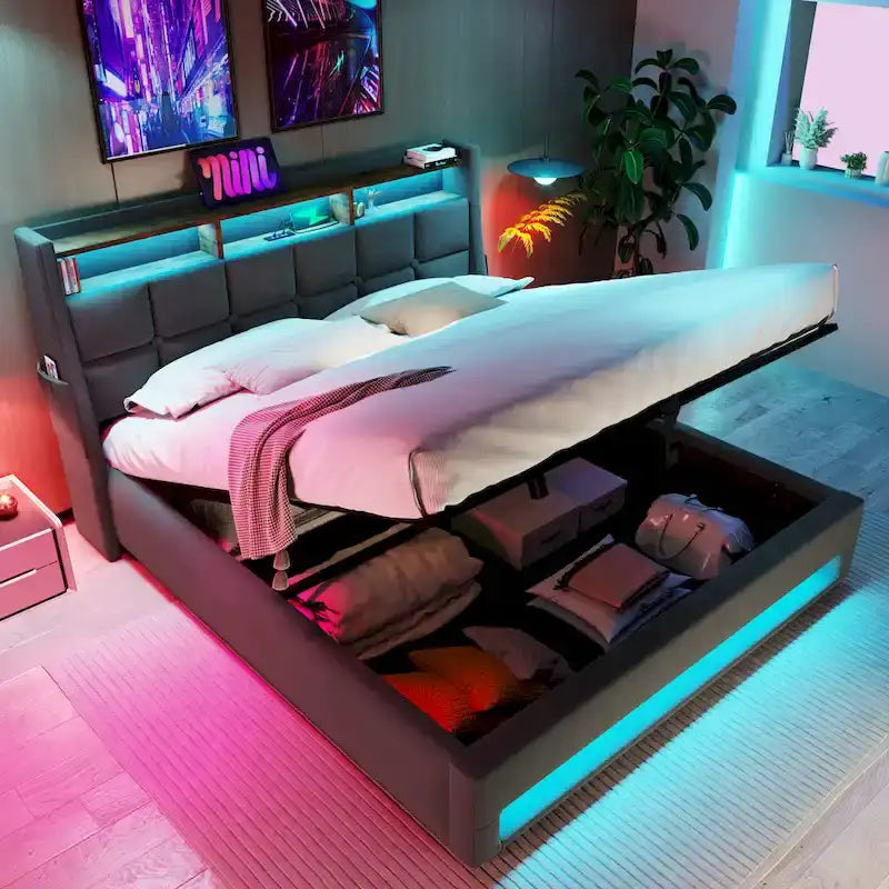 Grey Full Size Upholstered Platform Bed with Hydraulic Storage, LED, and USB Charging