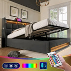 Grey Full Size Upholstered Platform Bed with Hydraulic Storage, LED, and USB Charging