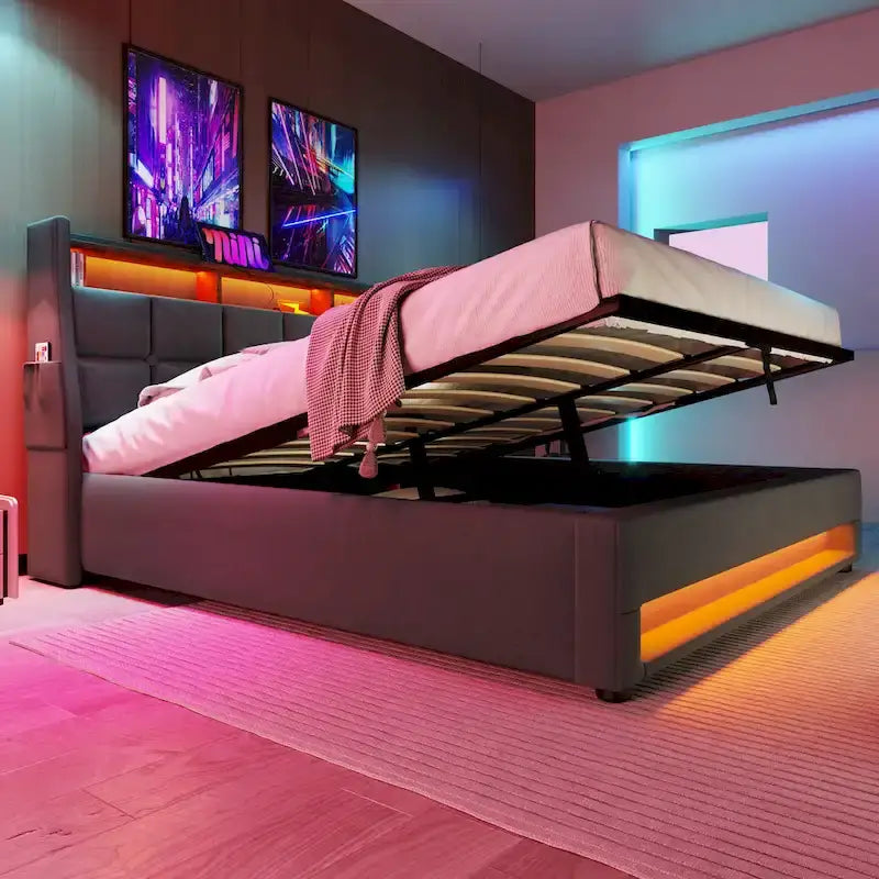 Grey Full Size Upholstered Platform Bed with Hydraulic Storage, LED, and USB Charging